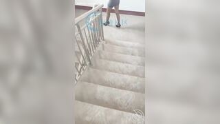Chó cái tinh nghịch thích tiểu tiện và địt nhau public ở cầu thang