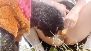 Gái xinh dắt chó đi dạo thủ dâm nơi cộng cộng rồi đái