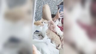 Em gái 17 tuổi khoe lồn xinh 2 bé mèo lại che làm em ấy bực mình.